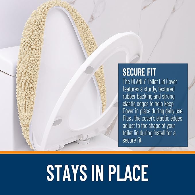 OLANLY Soft Chenille Bathroom Toilet Lid Cover, Machine Washable Seat Covers, 17.5x15, Stays in Place Rubber Backing, Fits Most Round, Elongated and Oblong Lids, Accessories Decor, Beige