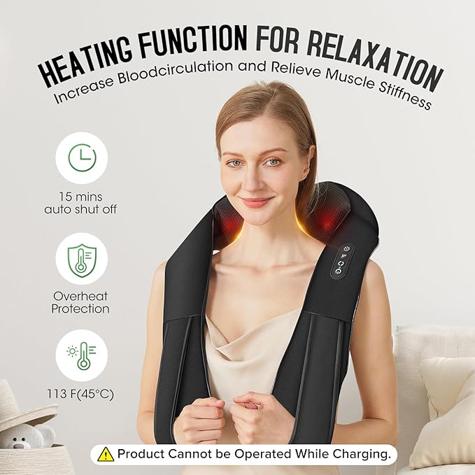 Cordless Shiatsu Neck and Shoulder Massager, Back Massager with Heat,Massage Deeper Tissue 4D Kneading Massage for Shoulder, Neck and Back, Use at Home, Office, Car - Gifts for Fathers Day Dad Gift
