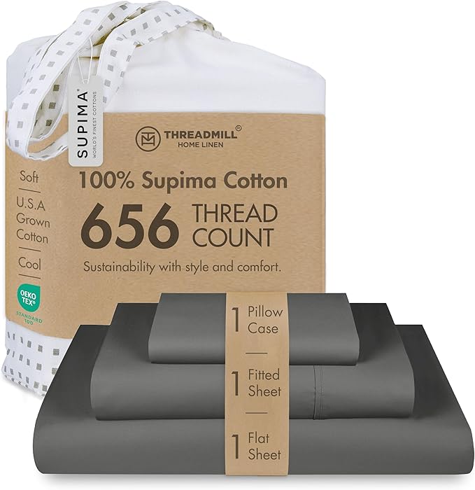 Threadmill Twin XL Sheet Sets |656 Thread Count 100% Supima Cotton Sheets for Twin XL Mattress | Solid Sateen Twin XL Bed Sheets Set with 16” Deep Pocket | Soft 3-Piece Cooling Sheet Set | Dark Grey