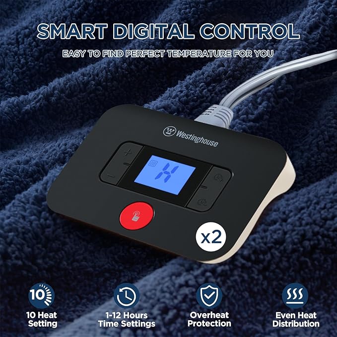 Westinghouse Electric Blanket Queen Size, Soft Plush Sherpa Heated Blanket with 10 Heating Levels & 1-12 Hours Auto-Off, Machine Washable, 84x90 inches, Navy