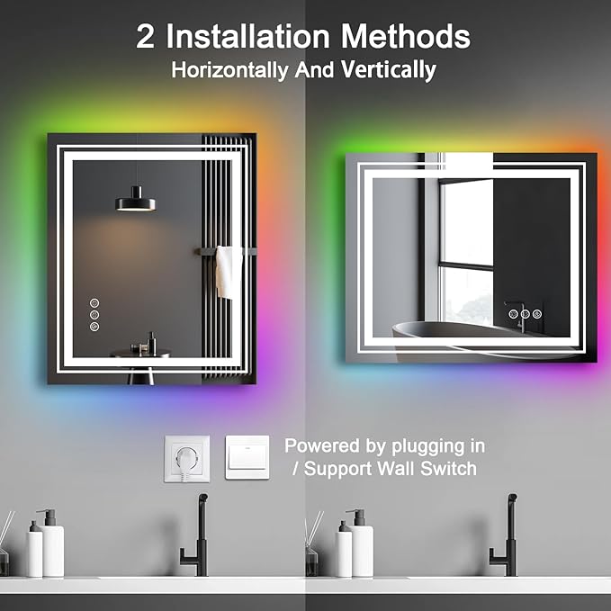 LED Mirror for Bathroom, 20"X28" with 8 RGB Backlit +3 Front Lit (Adjustable Individually), Anti-Fog, Lighted Bathroom Vanity Mirror for Wall, Shatterproof, Memory Function, Tempered Glass