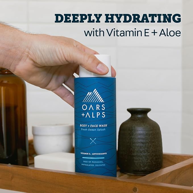 Oars + Alps Men's Moisturizing Body and Face Wash, Skin Care Infused with Vitamin E and Antioxidants, Sulfate Free, Fresh Ocean Splash, 3 Pack