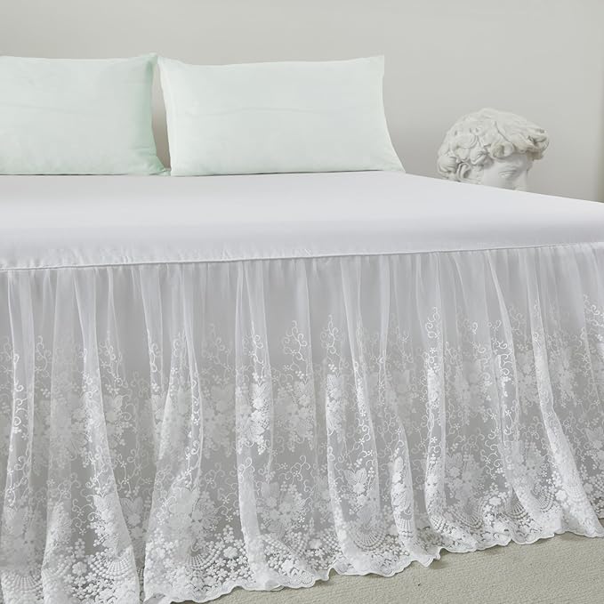 Brandream Lace Bed Skirt Twin Size White 18 Inch Drop Romantic Dust Ruffle Split Corners Bed Sheets Cover Excellent Quality