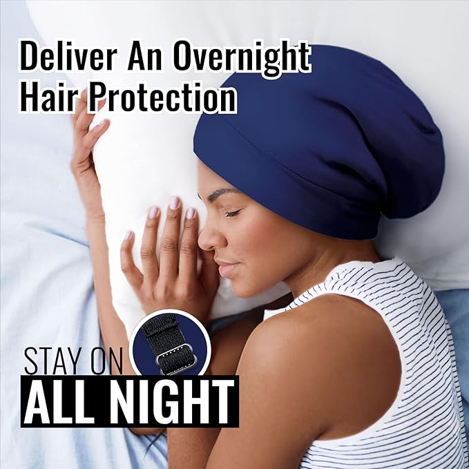 Satin Lined Sleep Cap Bonnet for Curly Hair and Braids, Stay On All Night Hair Wrap with Adjustable Strap for Women and Men, Navy Blue, Pack of 1