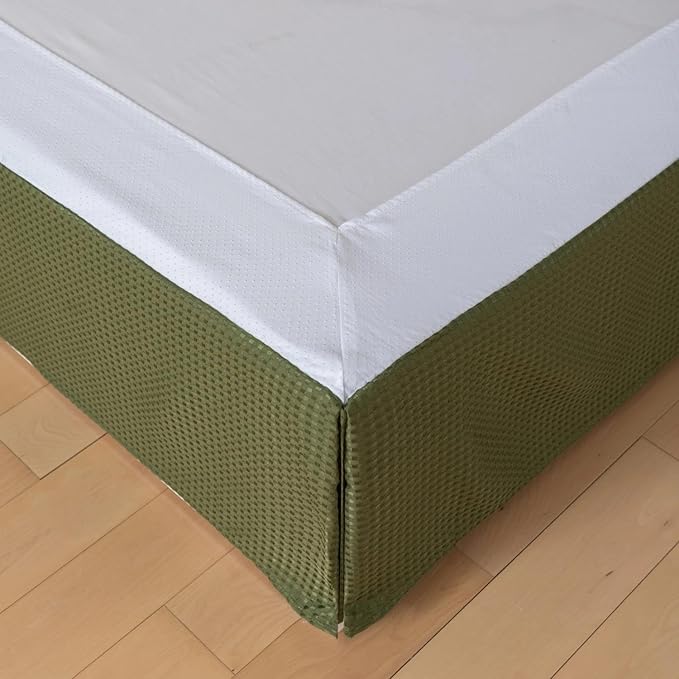 Queen Bed Skirt, Wrap Around Bed Skirt with Pleated Corner, 14 Inch Drop Pleated Waffle Weave Bedskirts, Anti-Slip, Microfiber, Green, 14'' Queen