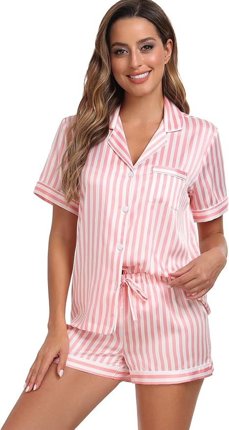 Women's Satin Pajama Set 2-Piece Sleepwear Loungewear Button Down Short Sleeve Silky PJ Set