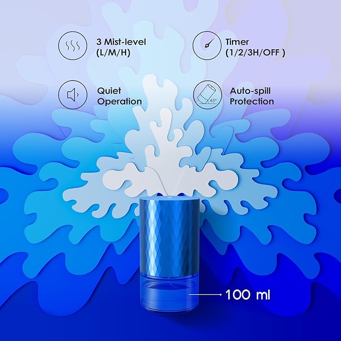 Airversa Waterless Diffuser Essential Oil 100ml Capacity Scent Air Machine for Home Aromatherapy Premium Metal Nebulizer Battery Operated 3 Mist Settings Timers Color Light AN5(Blue)