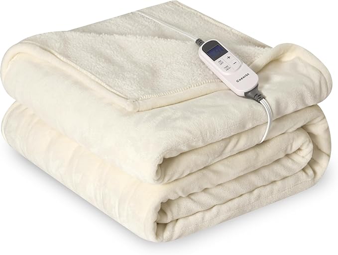 Heat Blanket 50”x60” Throw,Soft Flannel & Sherpa Reversible Electric Blanket with 10 Heat Settings,12 Timer Setting and 3 Hours Auto-Shut Off,ETL Certified Machine Washable,Ivory
