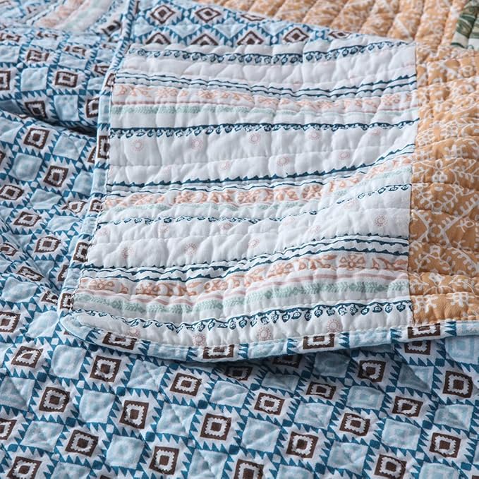 Autumn Dream Cotton Bedspread Quilt Sets Reversible Bedding Coverlet Sets Comforter, Bohemian Paisley Patchwork Blue Bedspread, King Size