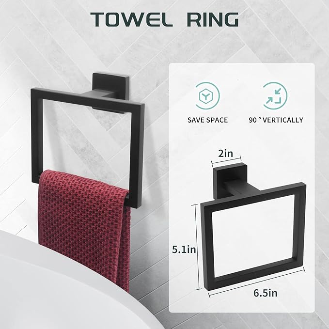 Matte Black Bathroom Hardware Set Towel Bar Set Black Bathroom Hardware Accessories Set with Towel Bars, Stainless Steel Wall Mounted Bathroom Towel Rack Set Square