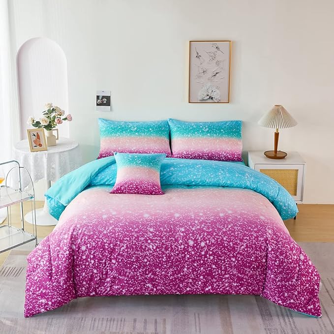 URBONUR 6Pcs Glitter Comforter Set for Girls Twin Size Gradient Tie Dye Purple Blue Bedding Set Comforter with Sheet Set, Ultra Soft and Breathable Kids Bed Set for Teen Girl