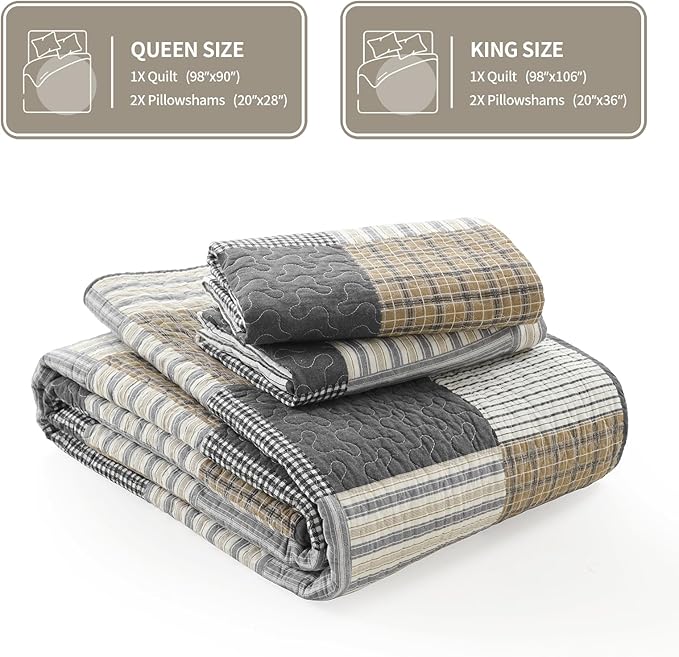 KALOOLA Plaid Quilts Queen Size, 100% Cotton Soft Lightweight Bedding Set 3 Pieces, Farmhouse Quilted Bedspread with 2 Pillowshams for Queen Bed, Grey White Black Coverlet for All Season