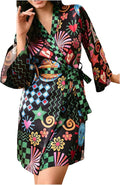 WDIRARA Women's Checkered Graphic Satin Kimono Robe Long Bell Sleeve V Neck Belted Bathrobe Sleepwear