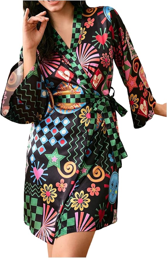 WDIRARA Women's Checkered Graphic Satin Kimono Robe Long Bell Sleeve V Neck Belted Bathrobe Sleepwear