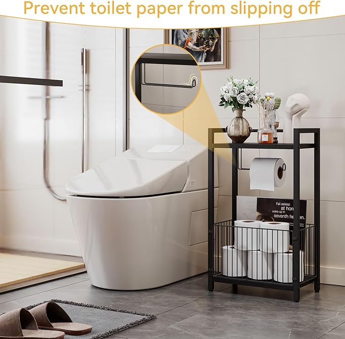 IBUYKE Freestanding Toilet Paper Holder Stand with Storage Shelf,Bathroom Toilet Tissue Roll Dispenser with Extra Space for Rolls, Magazines, Wet Wipes Black TLJ020B