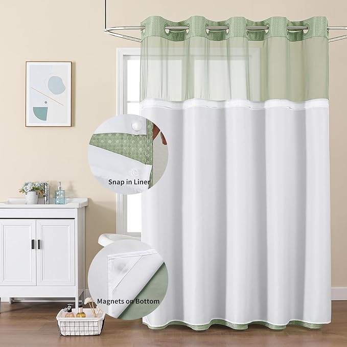 Colorful Star No Hook Shower Curtain with Snap in Fabric Liner, Waffle Weave Heavy Duty Thick Shower Curtains with Mesh Top Window, Hotel Style Waterproof Bathroom Curtain Set, 72'' x 87'', Sage Green