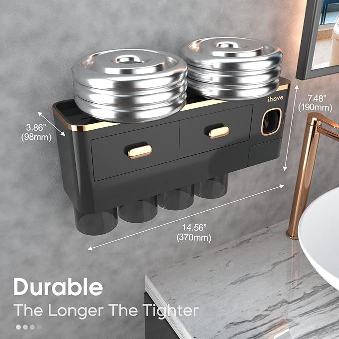 iHave Toothbrush Holders for Bathrooms - Upgrade Wall Mounted Toothbrush Holder with Toothpaste Dispenser - 4 Cups, Large Capacity Tray, 2 Cosmetic Drawer - Bathroom Organizers and Storage