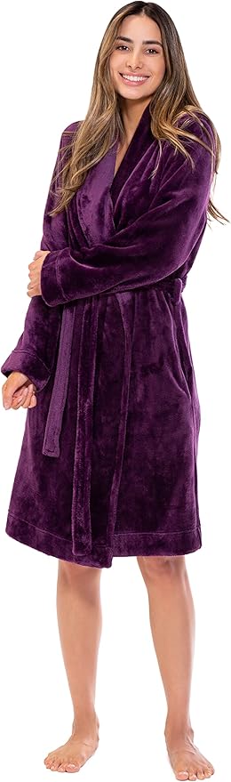 Turquaz Robes For Women, Womens Fleece Shawl Collar Soft Plush Knee Length Spa Robe