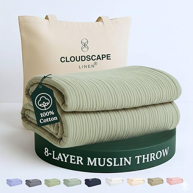 Cloud Scape Linen Extra Large 8 Layer Muslin Throw Blanket - 100% Cotton Gauze, Soft and Breathable, Winter Blanket for Couch, Sofa and Bed, Idea, 50x70, Sage Green