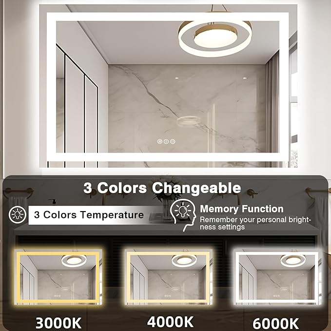 55"x40" Bathroom Mirror with LED Lights, Front and Backlit Mirror, Anti-Fog LED Vanity Mirror, 3 Colors and Dimmable Mirror, Waterproof, Corrosion Proof (Horizontal/Vertical)