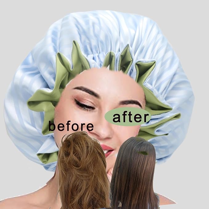Satin bonnet 2PCS silk hair bonnet cap for women reversible for sleeping Adjustable Night sleep cap for curly natural hair double-layer and Washable Can Be Used Shower (Apricot &Blue stripe)