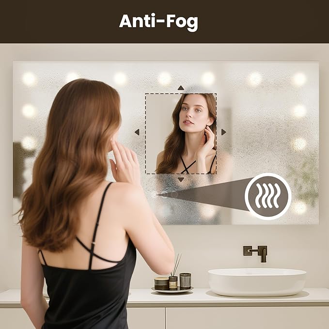 WTTY LED Bathroom Mirror with Lights 48"x36" Hollywood Wall-Mounted Mirror with 3 Color Temperatures, Stepless Dimmable Bulbs, Anti-Fog & Shatter-Proof