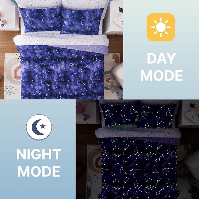 Full Size Comforter Set -7 Pieces Girls Boys Galaxy Glow in The Dark Full Bedding Sets for Kids, Ultra Soft Bed in A Bag with Sheets