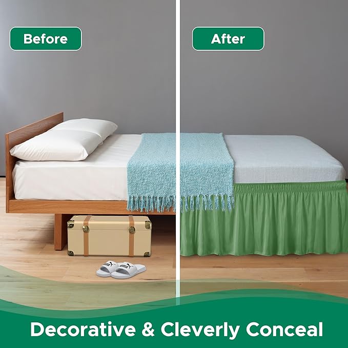 Biscaynebay Wrap Around Bed Skirts for King & Cal King Beds 16" Drop, Sage Adjustable Elastic Dust Ruffles Easy Fit Wrinkle Resistant Silky Luxurious Fabric Machine Washable