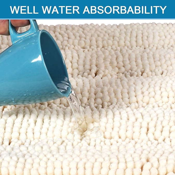 H.VERSAILTEX Ivory Bath Mat Bath Rugs, Extra Thick Striped Bath Rugs for Bathroom 2 Piece Bathroom Set, Anti-Slip Soft Plush Chenille Shaggy Mat Water Absorbent (Ivory, 20" x 32"/17" x 24")