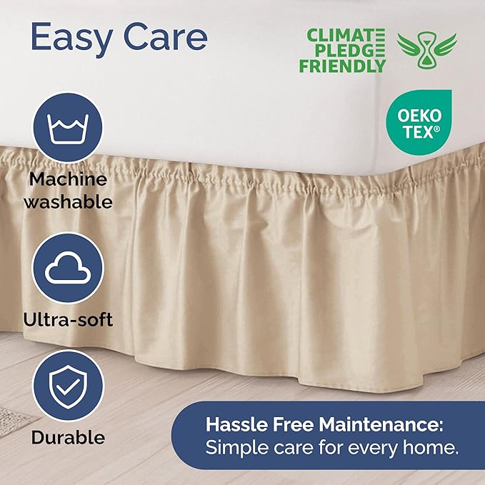 Wrap Around Dust Ruffle Bed Skirt – Cream - Twin/Twin XL Size Beds with 15 in. Drop – Easy Fit Elastic Strap - Pleated Bedskirt with Brushed Fabric - Wrinkle Free, Machine Wash - by CGK Linens