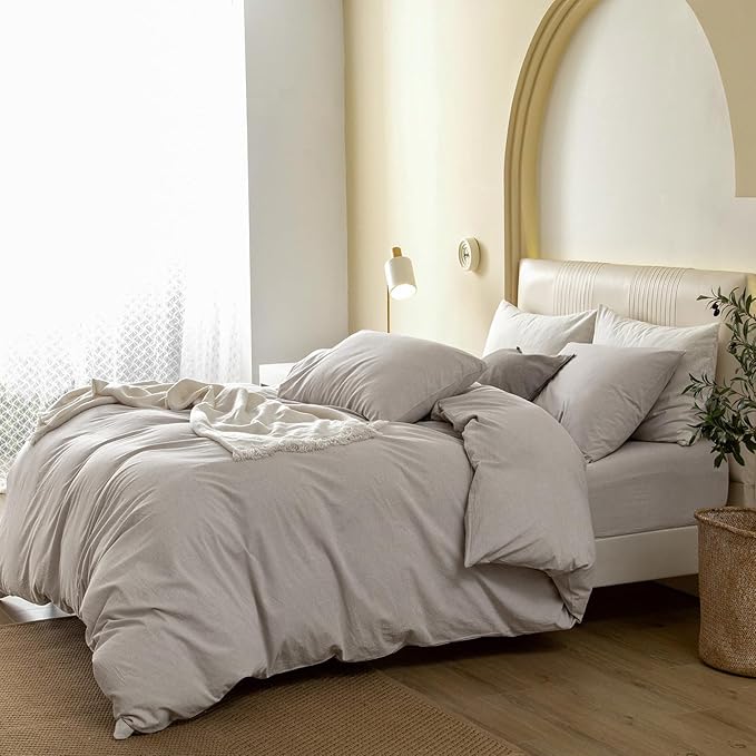 JIYUAN 100% Washed Cotton Duvet Cover Set 3 Pieces Super Queen, 1 Duvet Cover 90x98 Inches(Comforter Not Included) and 2 Pillowcases,Linen Feel Bedding Set Comfy and Breathable, Heathered Cream Grey