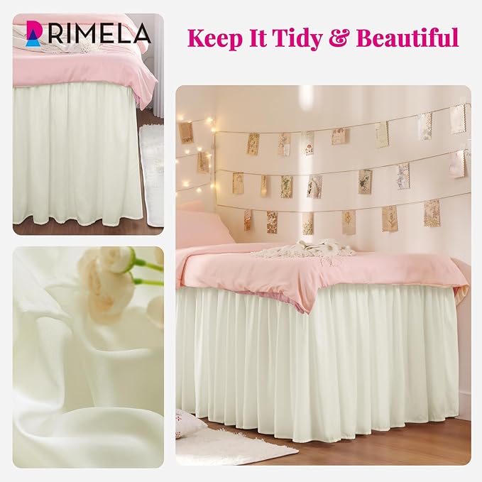 RIMELA Dorm Bed Skirt Twin XL 42 Inch Drop, Easy to Install Extra Long Wrap Around Elastic Dust Ruffle, Ivory White Bedskirt Silky Fabric Machine Washable (Twin XL 80“L x 39”W & Twin 75“L x 39”W)