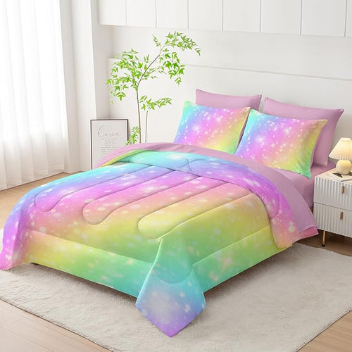 7 Piece Rainbow Comforter Set - Bed in a Bag, Pastel Galaxy Bedding Queen, Soft Microfiber, Kids/Teens/Girls, All Season
