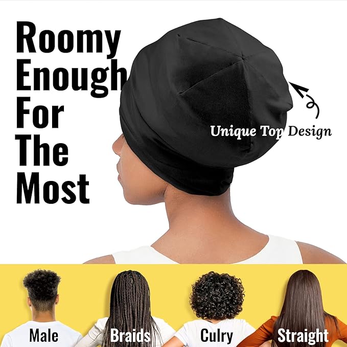 Satin Lined Sleep Cap Bonnet for Curly Hair and Braids, Stay On All Night Hair Wrap with Adjustable Strap for Women and Men, Black and Grey, Pack of 2