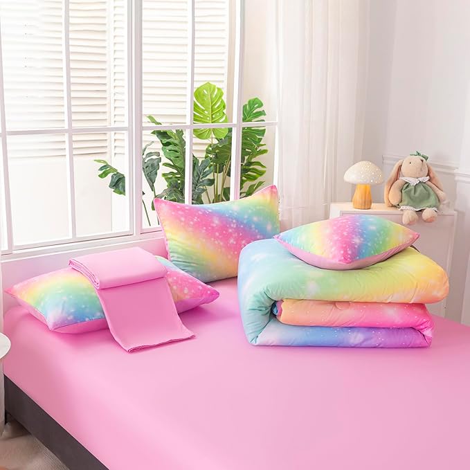 6Pcs Full Size Comforter Set for Girls Kids, Gradient Colorful Rainbow Girls Bedding Set Full with Sheets, Soft & Breathable Kids Bed for Gift Bedroom Decor