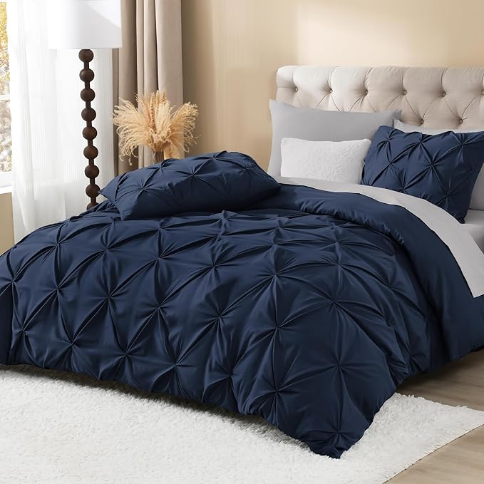Litanika Navy Blue Pinch Pleat Duvet Cover Queen, 3 Pieces Pintuck Cover Soft Microfiber Bedding Set with Zipper Closure & Corner Ties(90x90Inch-1 Duvet Cover, 2 Pillowcases)