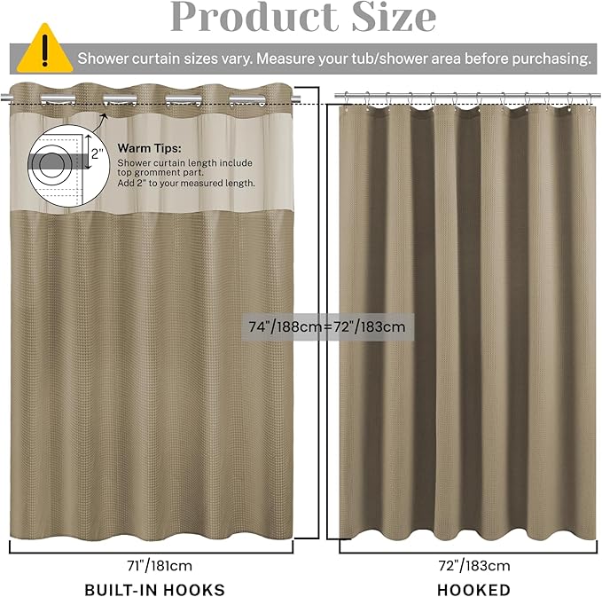 No Hook Shower Curtain with Snap in Liner Set Waffle Shower Curtain for Bathroom Hotel Style Fabric Waterproof Inner Liner，71" W x 74" H, Beige