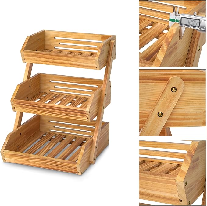 G.a HOMEFAVOR Wooden 3 Tier Fruit Basket, Brown, Pine Wood, Sturdy, Self-assembly