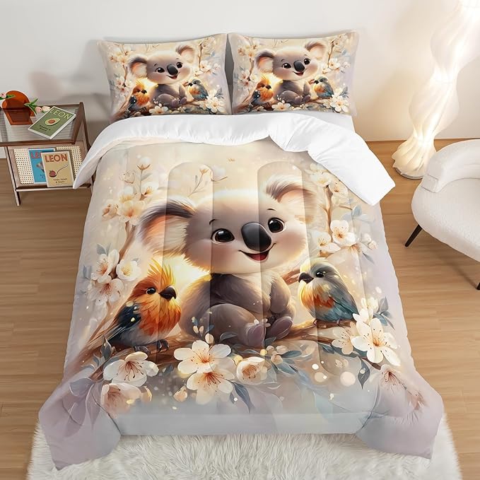 Kawaii Koala Bedding Set,Cartoon Koala Parrot Floral Pattern King Size Bed Set for Kids Girls Boys Room Decor,Cute Beddings with 2 Pillowcases.