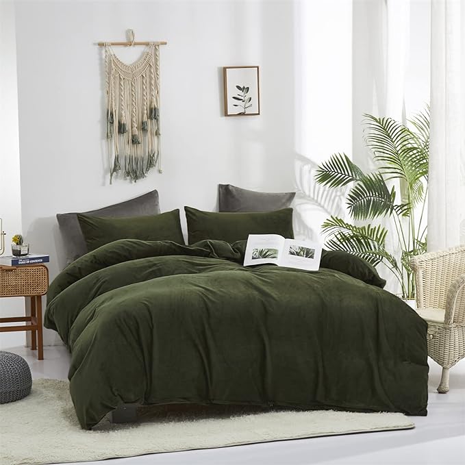 Cottonight Army Green Velvet Comforter Set - Queen Size, Olive Green Plush Fluffy Bedding, Dark Green Blanket, Modern Winter Warm 3 Piece Set for Women & Men