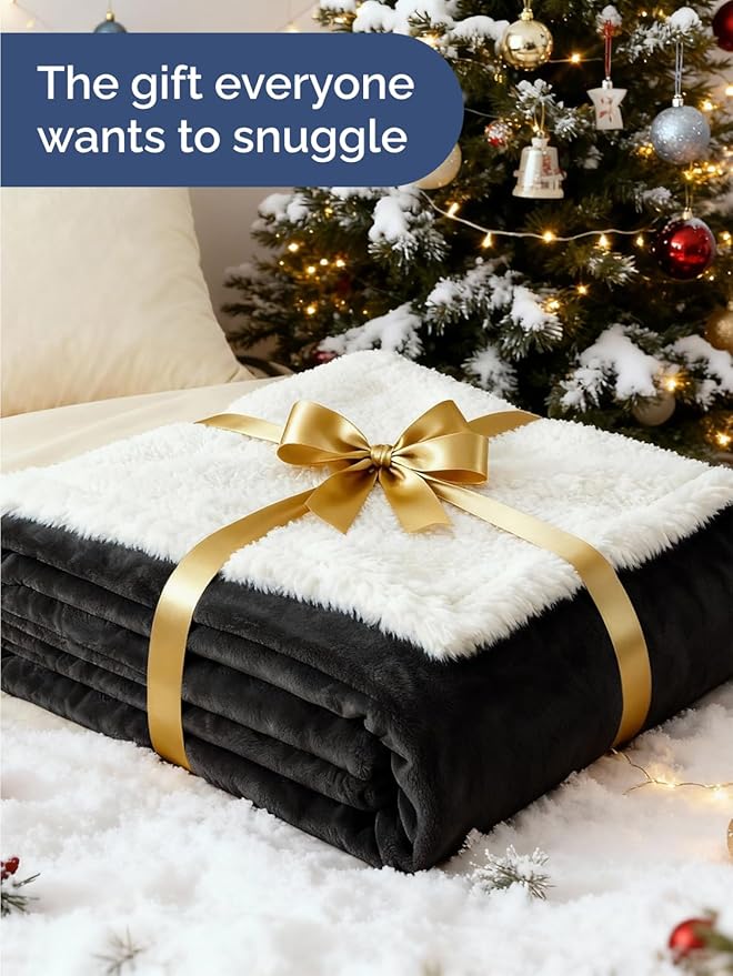 Sherpa Fleece Blanket Throw Size - Reversible Sherpa Fleece Throw Blanket - Super Soft Double Sided for Bed, Sofa, Couch - Thick, Warm, and Plush - Luxurious Bedding for Winter - Black, 50" x 60"