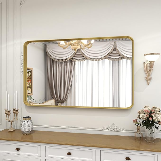 VooBang Bathroom Mirror 30x48 inch, Gold Gorgeous Deep Frame Wall Mirror, Modern Round Corner Bathroom Vanity Mirror for Bedroom, Living Room, Hanging or Leaning Horizontal or Vertical, Gold