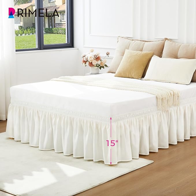 RIMELA White Bed Skirt Queen Size 12 Inch Drop, Wrap Around Elastic Adjustable Bedskirt, Bed skirting Dust Ruffle for Bed Frame & Box Spring Soft Durable Fabric Machine Washable Easy to Install