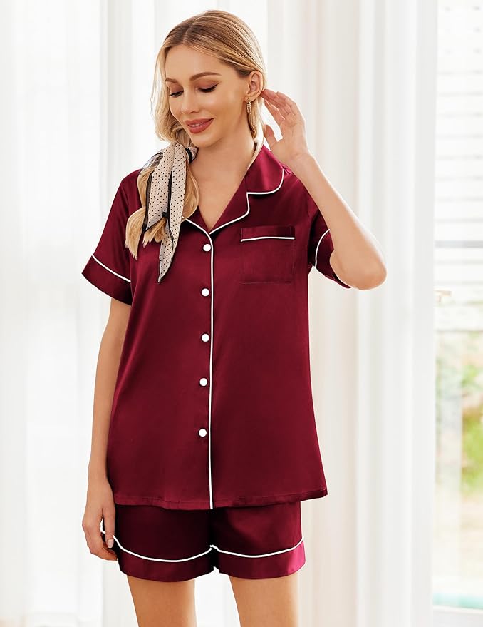 Ekouaer Womens Silk Satin Pajama Sets Soft Short Sleeve Button Down Sleepwear Top and Shorts 2 Piece Pjs Lounge Set