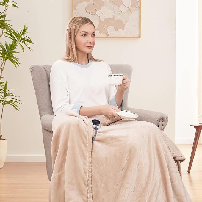 Sealy Electric Blanket Heated Throw, Soft Flannel Heated Blanket with 6 Heating Settings & 2-10 Hours Auto Shut Off, Fast Heating & Machine Washable, 50x60 Inch, Beige