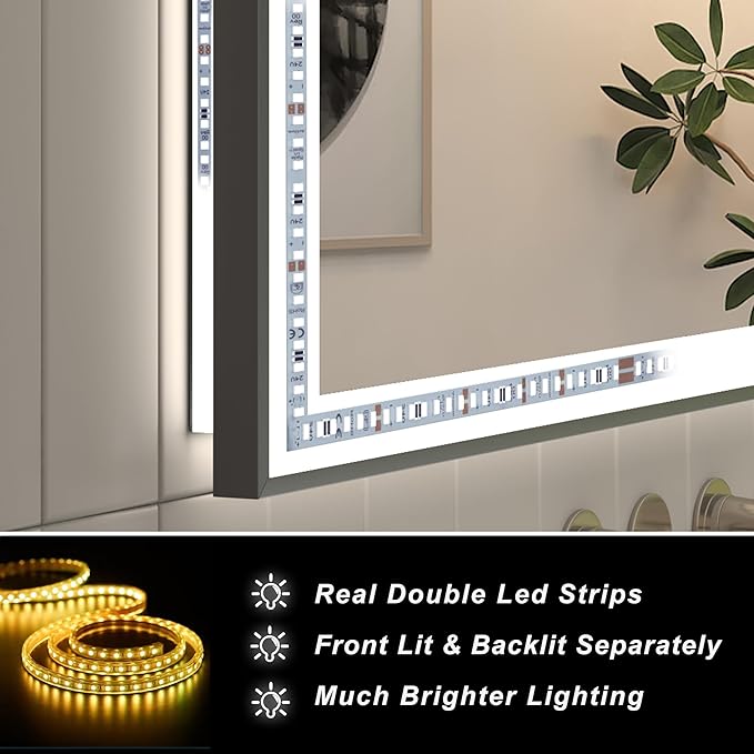 SMIROR Black LED Bathroom Mirror 50x40, Lighted Vanity Mirrors with Lights, Dimmable, Anti-Fog, Memory, Shatterproof (Real Front Lights + Backlit)