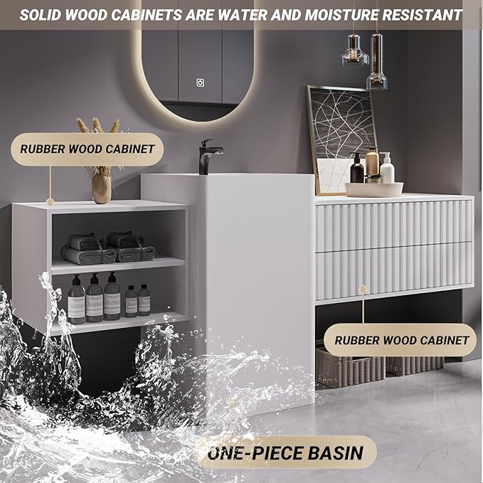 52Inch Freestanding Sink Bathroom Vanity, Wall-Mount Bathroom Cabinet with Open Storage and Striped Drawers, Solid Wood Bathroom Vanity with Smart Defog Mirror and Spacious Rock Plate Countertop
