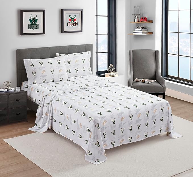 NORTHWEST Officially Licensed Milwaukee Bucks NBA Full Size Sheet Set – Soft Team Logo Bedding for Dorms, Bedrooms, Fan Caves & Game Day Style