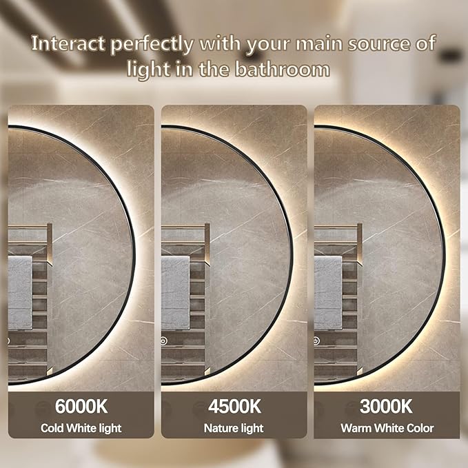 Niccy 32" LED Backlit Round Mirror for Bathroom, Black Framed Vanity Light Wall Mirror LED Smart Circle Mirrors with 3 Lighting Colors, Dimmable Lighted Mirror with Anti-Fog, IP65 Waterproof