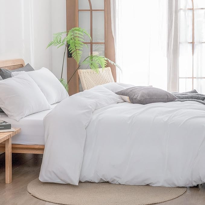 BESTOUCH Duvet Cover Set 100% Washed Cotton Linen Feel Super Soft Comfortable Chic Lightweight 3 PCs Home Bedding Set Solid Bright White Cal King
